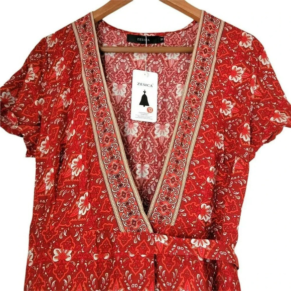 Zesica V Neck Dress Wrap Summer Boho Mini Print Dress Beach Casual Floral Size S - Picture 8 of 12